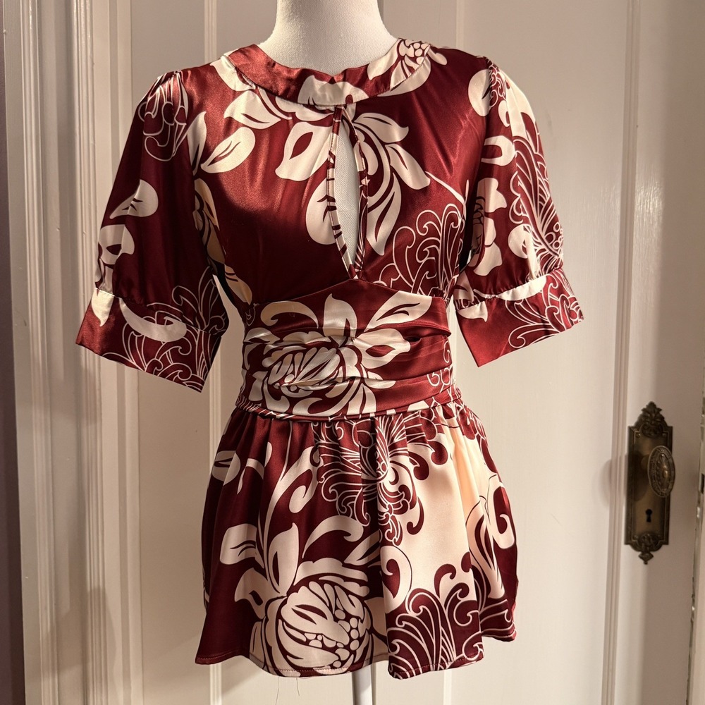 BCBGMAXAZRIA Floral Blouse Satin Puff Sleeve Medium Y2K